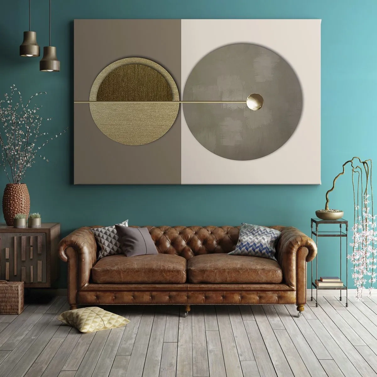 Impression sur toile - Image sur toile - Cercles abstraits dans les tons or et beige - 100x70cm - Équilibre parfait - Décoration murale moderne pour le salon et la chambre ARTTOR