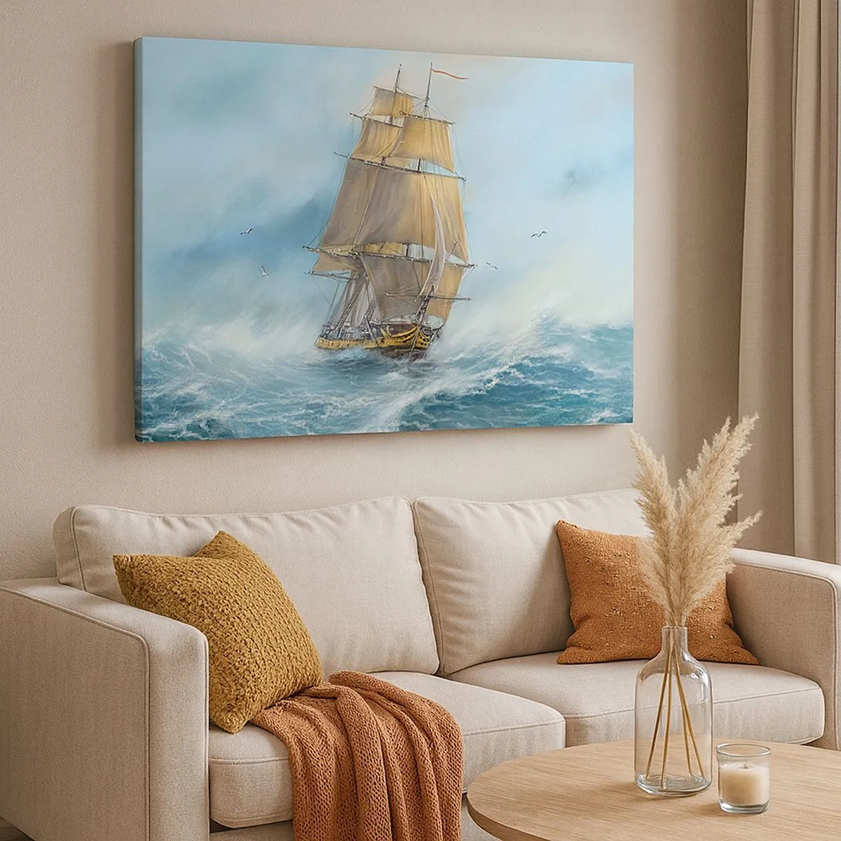 Impression sur toile - Image sur toile - Un voilier sur une mer agitée - 70x50cm - Se précipitant sur les vagues - Décoration murale moderne pour le salon et la chambre ARTTOR