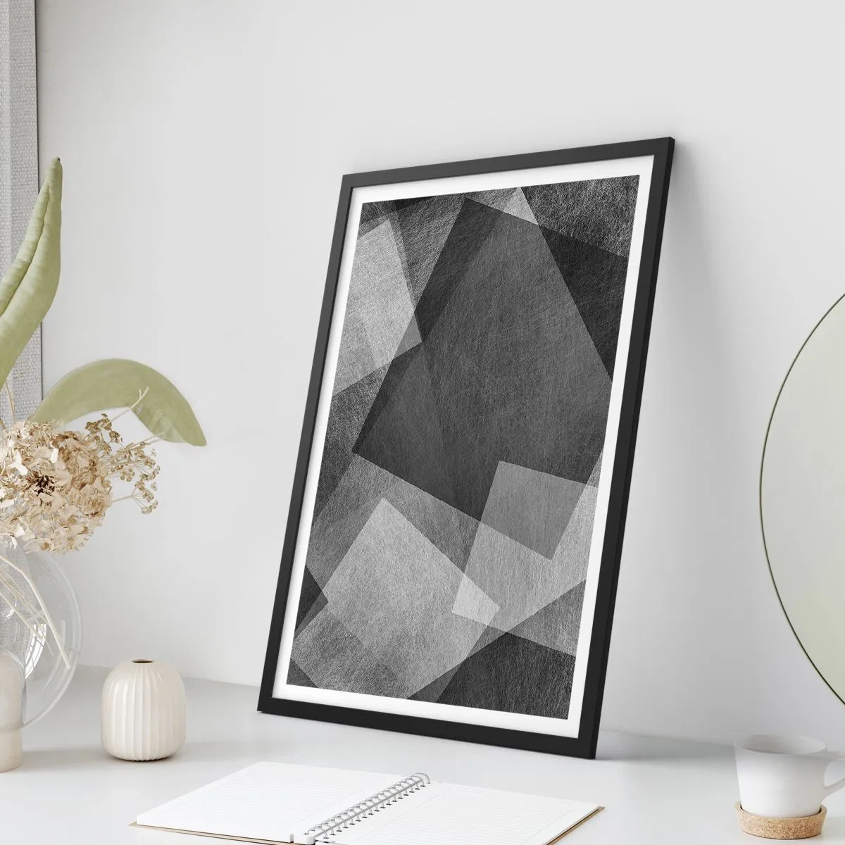 Affiche dans un cadre noir - Poster - Abstraction en noir et blanc avec des formes géométriques - 50x70cm - Le symbole éternel de durabilité et d'ordre - Décoration murale moderne pour le salon et la chambre ARTTOR