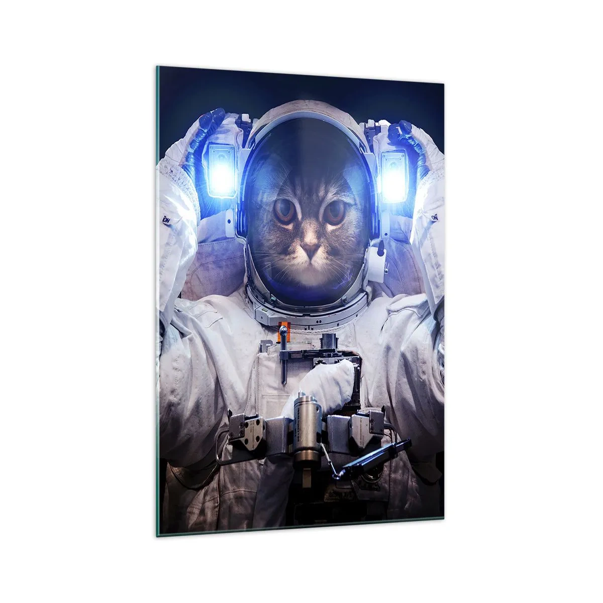 Impression sur verre - Image sur verre - Un chat dans une combinaison d'astronaute avec la Terre en arrière-plan et une lumière vive. - 70x100cm - Houston, vous avez un problème - Décoration murale moderne pour le salon et la chambre ARTTOR