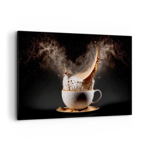 Impression sur toile - Image sur toile - Une tasse de café avec une explosion dynamique de liquide sur fond noir. - 120x80cm - Une explosion de saveur - Décoration murale moderne pour le salon et la chambre ARTTOR