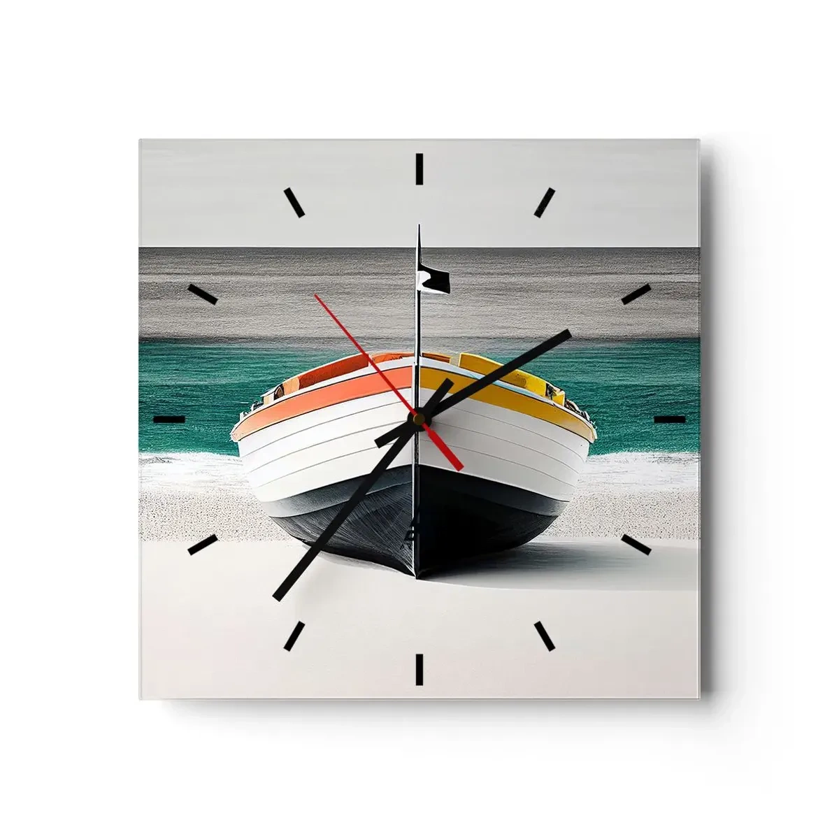 Horloge murale - Pendule murale - Un bateau sur la plage avec une mer turquoise en arrière-plan - 30x30cm - A sa place - Décoration murale moderne pour le salon et la chambre ARTTOR