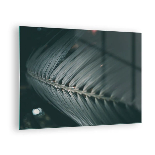 Impression sur verre - Image sur verre - Gros plan d'une feuille de palmier vert foncé avec reflet lumineux - 70x50cm - Précision de la nature - Décoration murale moderne pour le salon et la chambre ARTTOR