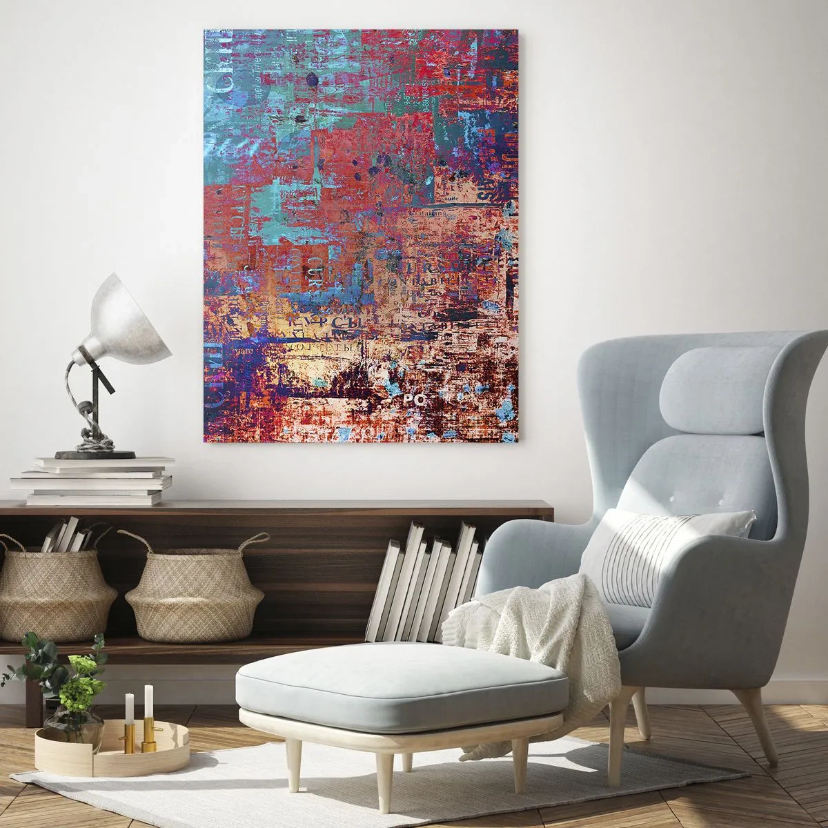 Impression sur verre - Image sur verre - Composition abstraite dans les tons de bleu et de rouge - 50x70cm - Mémoire et oubli - Décoration murale moderne pour le salon et la chambre ARTTOR