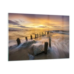 Impression sur verre - Image sur verre - Coucher de soleil sur la mer avec des pilotis en bois sur la plage - 120x80cm - La beauté brute de la mer Baltique - Décoration murale moderne pour le salon et la chambre ARTTOR