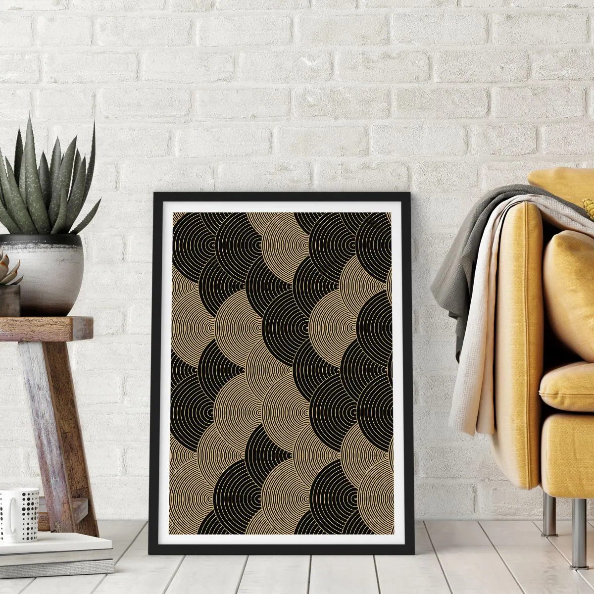 Affiche dans un cadre noir - Poster - Motif abstrait en cercles noirs et dorés - 50x70cm - Unité dans la multiplicité - Décoration murale moderne pour le salon et la chambre ARTTOR