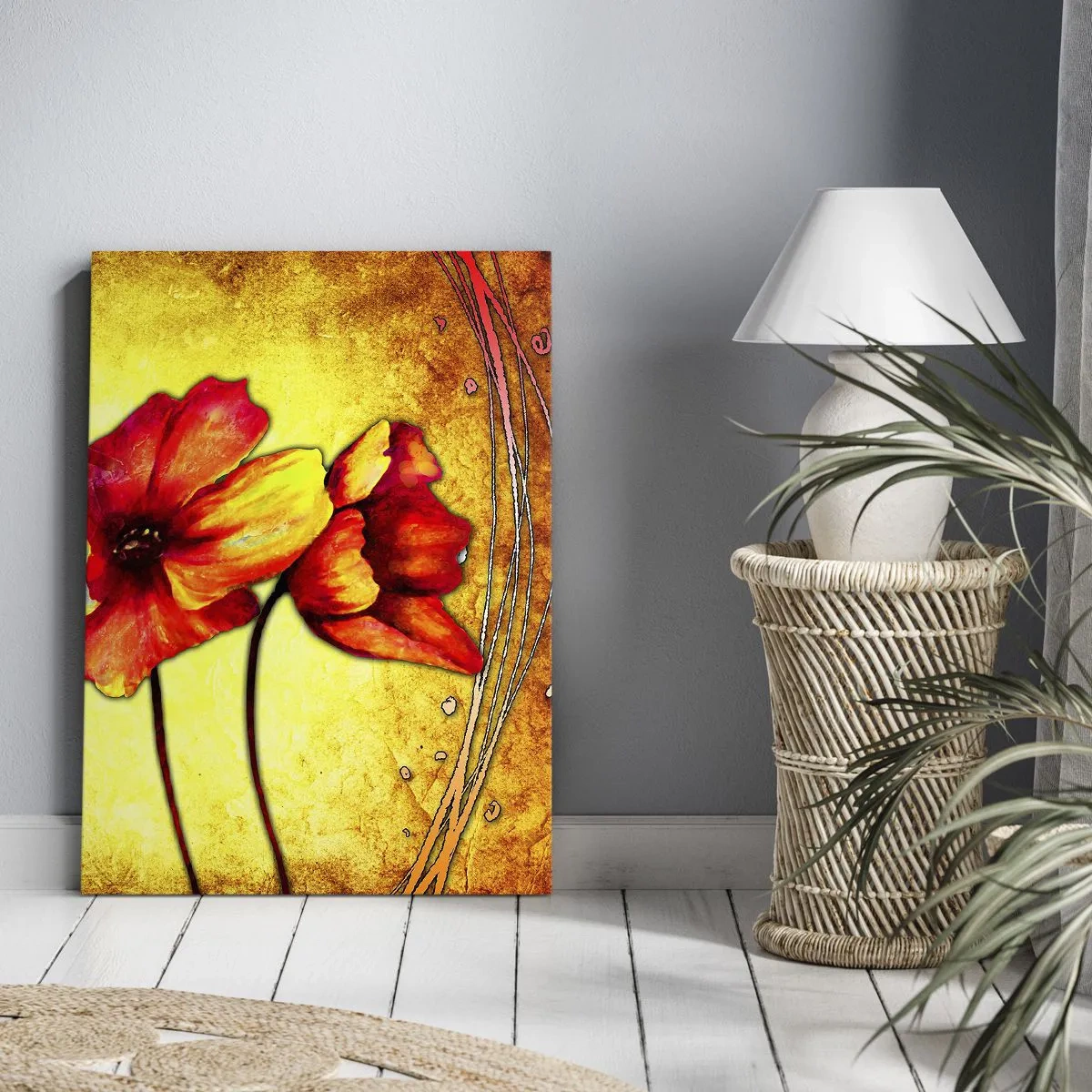 Impression sur toile - Image sur toile - Fleurs rouges et jaunes sur fond doré avec motifs décoratifs - 70x100cm - Dans la décoration Art Nouveau - Décoration murale moderne pour le salon et la chambre ARTTOR