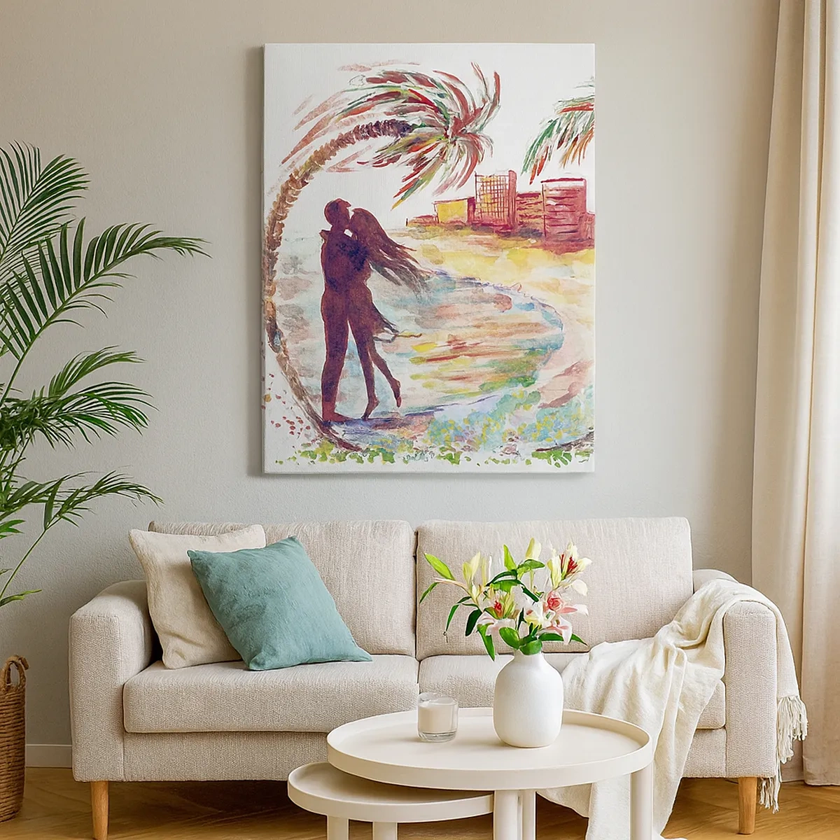 Impression sur toile - Image sur toile - Scène de couple romantique sur une plage avec des palmiers à l'aquarelle - 50x70cm - Vacances romantiques - Décoration murale moderne pour le salon et la chambre ARTTOR