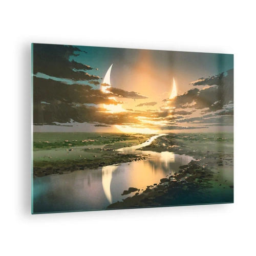 Impression sur verre - Image sur verre - Un paysage fantastique avec une double lune sur la rivière - 70x50cm - Quelque part dans une galaxie lointaine, très lointaine - Décoration murale moderne pour le salon et la chambre ARTTOR