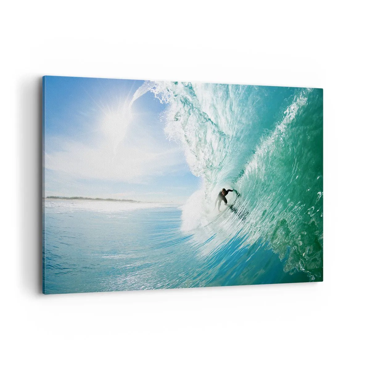 Impression sur toile - Image sur toile - Un surfeur chevauchant une vague au soleil contre un ciel bleu - 120x80cm - Toujours sur la vague - Décoration murale moderne pour le salon et la chambre ARTTOR