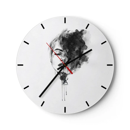Horloge murale - Pendule murale - Aquarelle en noir et blanc représentant le visage d'une femme avec un effet de fumée - 30x30cm - De quoi rêve la fille - Décoration murale moderne pour le salon, la cuisine et la chambre ARTTOR
