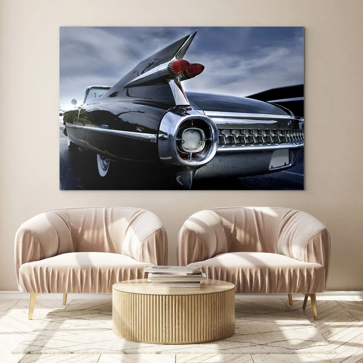 Impression sur verre - Image sur verre - Feux arrière de voiture classiques élégants en peinture noire brillante - 70x50cm - C'est exactement pourquoi c'est beau ! - Décoration murale moderne pour le salon et la chambre ARTTOR