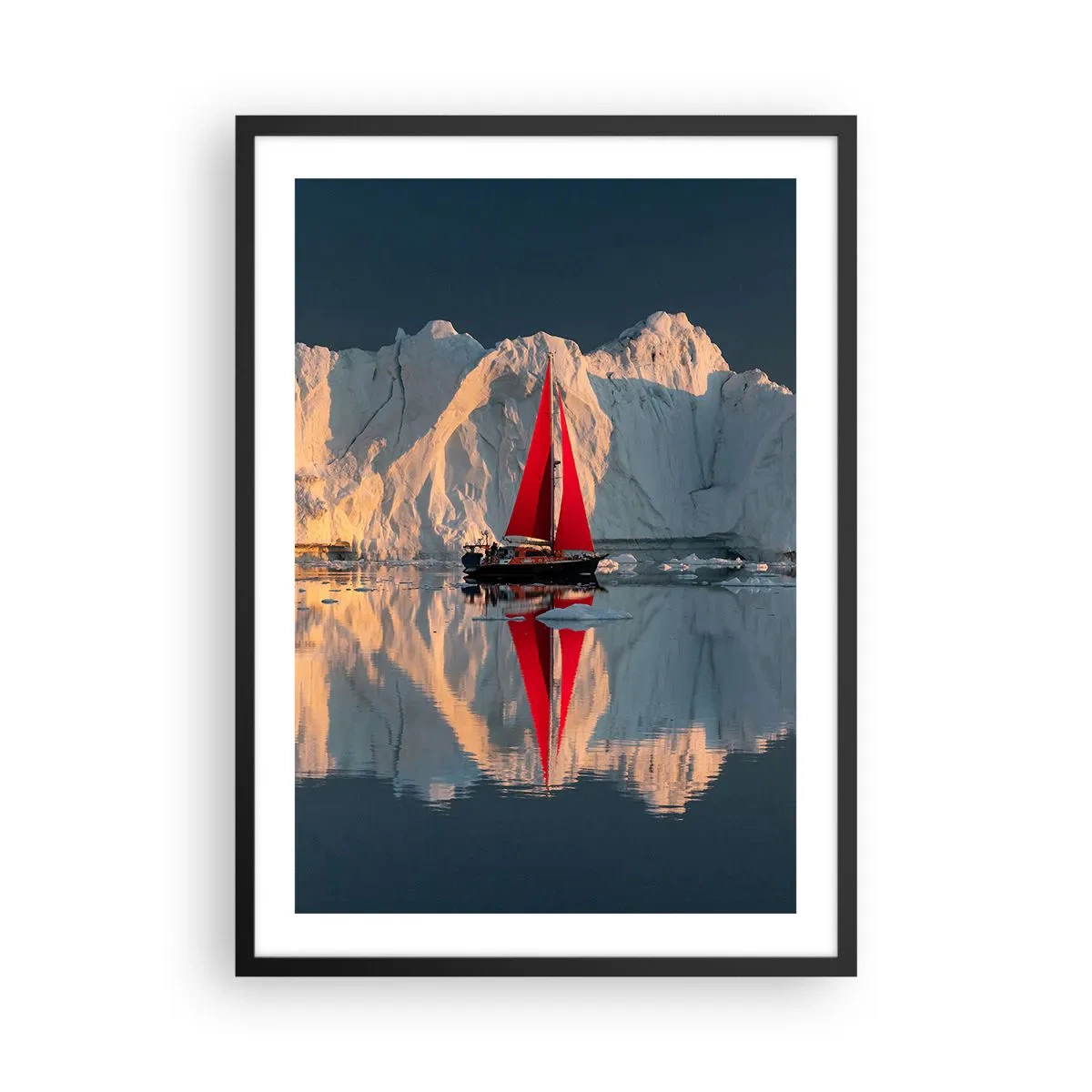 Affiche dans un cadre noir - Poster - La voile rouge d'un bateau sur fond de glaciers et d'eau calme - 50x70cm - Aux limites du monde - Décoration murale moderne pour le salon et la chambre ARTTOR