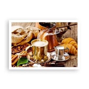 Affiche - Poster - Une tasse de café dorée entourée de grains, de cruches et de croissants - 100x70cm - Bonne journée! - Décoration murale moderne pour le salon et la chambre ARTTOR