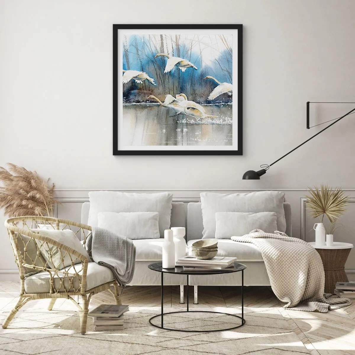 Affiche dans un cadre noir - Poster - Comme dans un conte de fées sur les cygnes sauvages - 40x40 cm