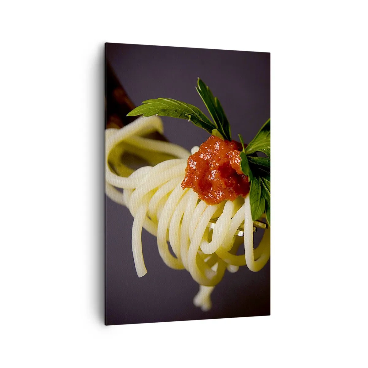Impression sur toile - Image sur toile - Spaghettis à la fourchette avec sauce tomate et persil - 80x120cm - Une bouchée savoureuse - Décoration murale moderne pour le salon et la chambre ARTTOR