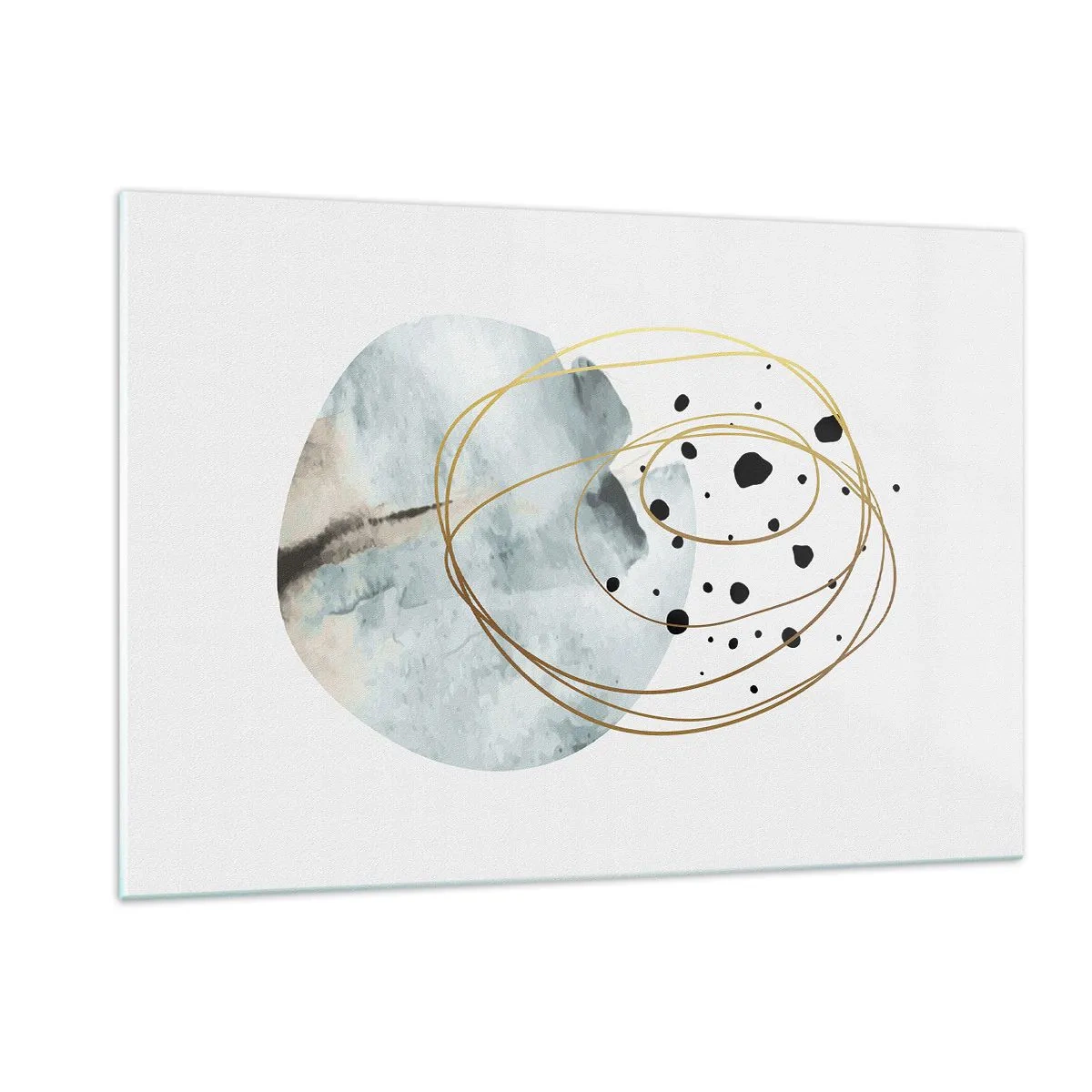 Impression sur verre - Image sur verre - Composition abstraite avec une tache bleue et des lignes dorées - 120x80cm - Emmêlement de l'espace - Décoration murale moderne pour le salon et la chambre ARTTOR