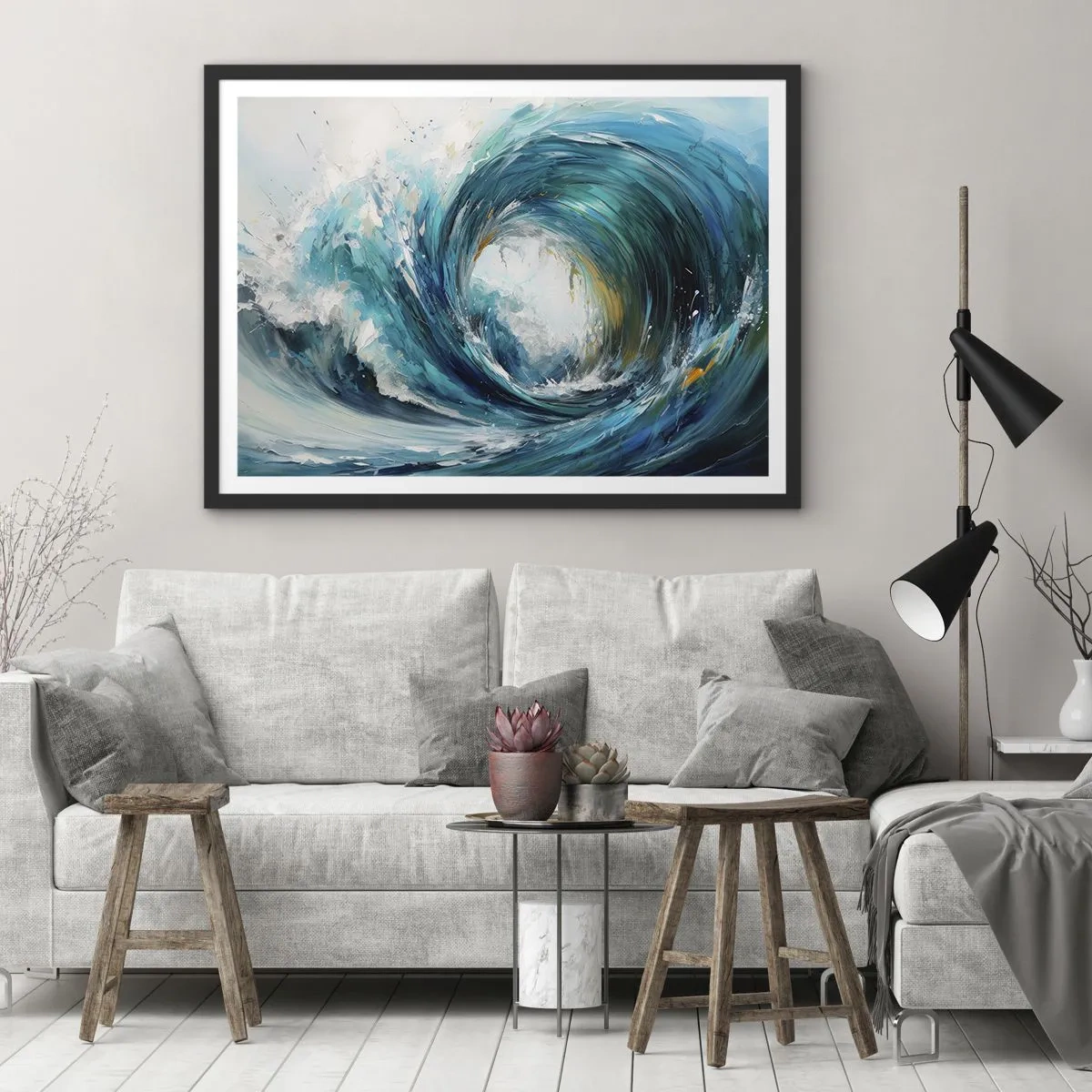 Affiche dans un cadre noir - Poster - Une vague dynamique dans les tons bleu et turquoise - 70x50cm - Portail maritime - Décoration murale moderne pour le salon et la chambre ARTTOR