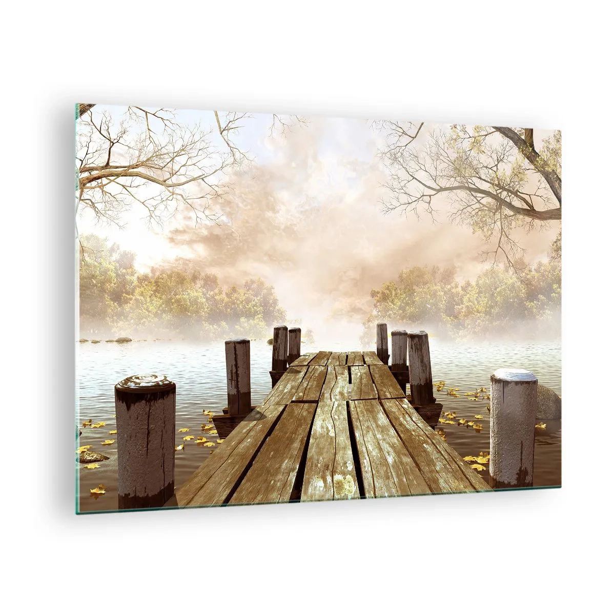 Impression sur verre - Image sur verre - Une jetée en bois sur un lac calme dans le brouillard - 70x50cm - La douce tristesse de l'automne - Décoration murale moderne pour le salon et la chambre ARTTOR