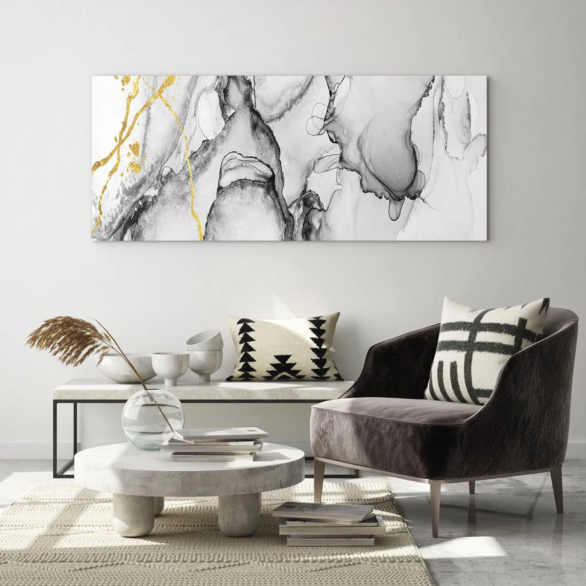 Impression sur verre - Image sur verre - Motifs abstraits en noir et blanc avec des accents dorés - 120x50cm - Composition à motif or - Décoration murale moderne pour le salon et la chambre ARTTOR