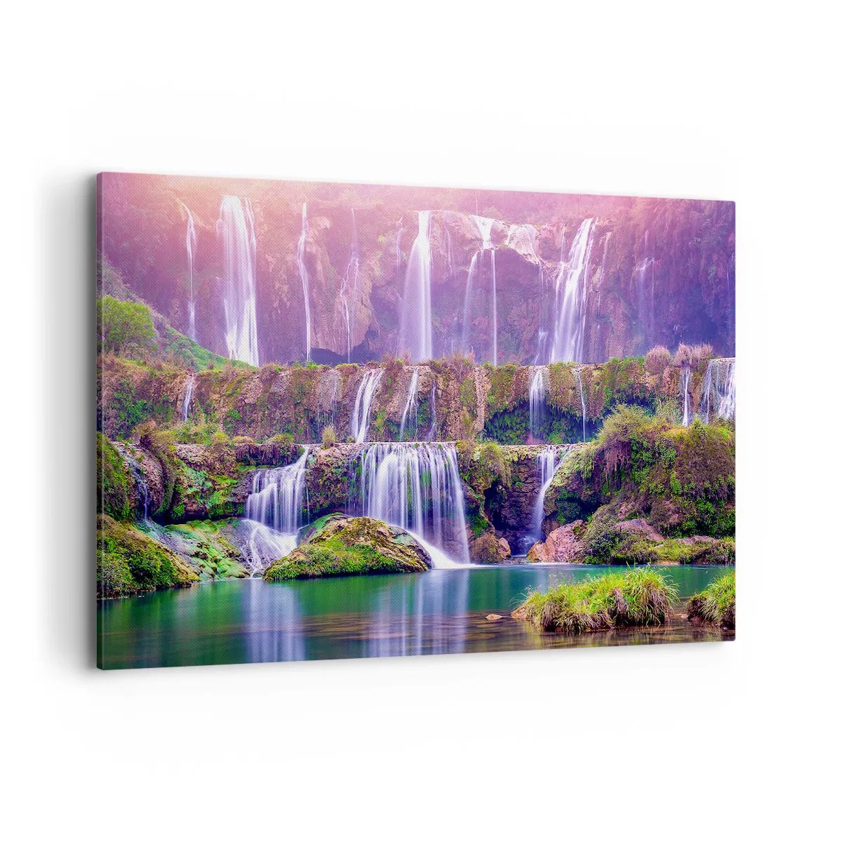 Impression sur toile - Image sur toile - Cascades entourées de verdure avec un éclairage pastel - 100x70cm - Escalier vers le ciel - Décoration murale moderne pour le salon et la chambre ARTTOR