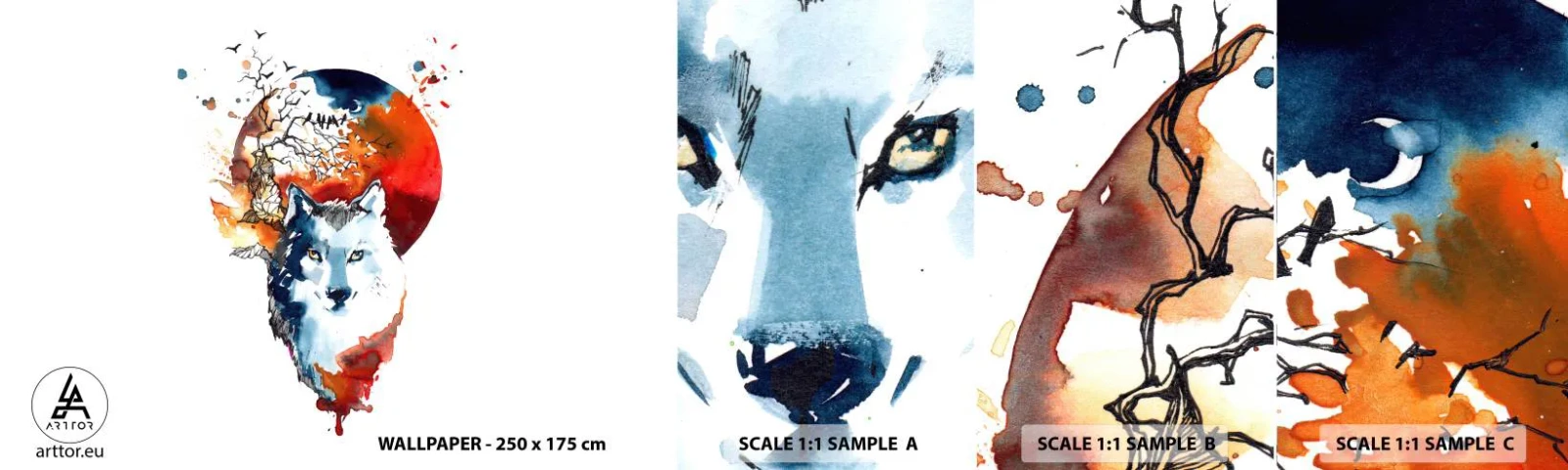 Échantillon de Papier Peint Autocollant Deluxe Sticker - Nez à nez avec la nuit - Abstraction, Animaux, Loup - 100x30 cm