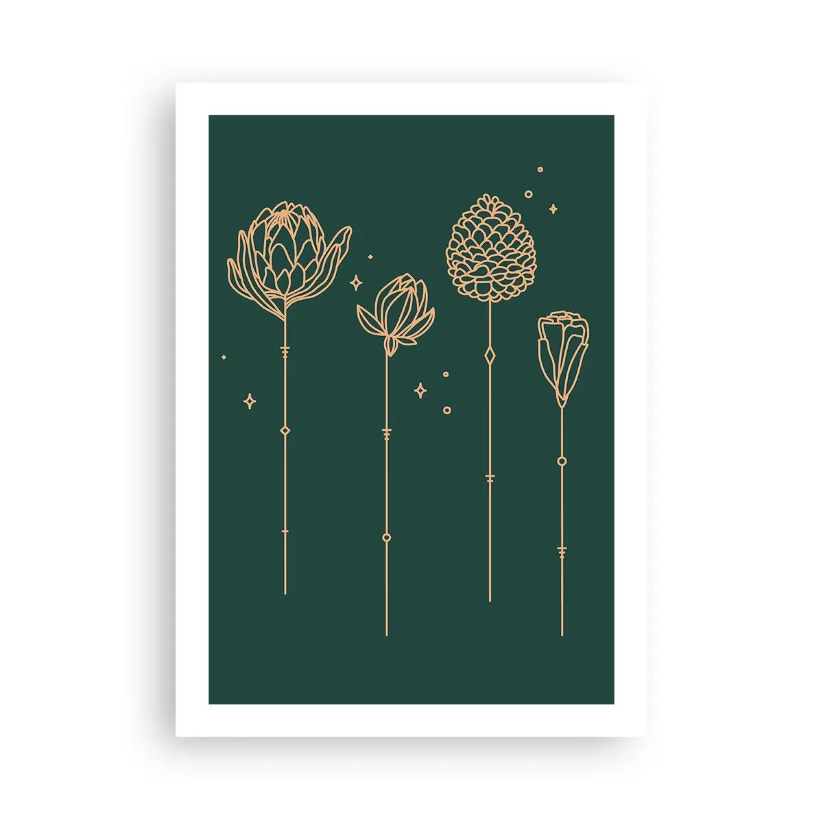 Affiche - Poster - Contours dorés de fleurs sur fond vert foncé - 50x70cm - La famille Plante - Décoration murale moderne pour le salon et la chambre ARTTOR