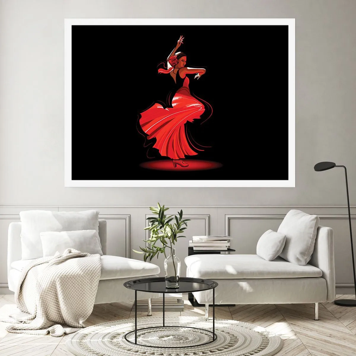 Affiche - Poster - Danseuse de flamenco en robe rouge sur fond noir - 100x70cm - L'esprit fougueux du flamenco - Décoration murale moderne pour le salon et la chambre ARTTOR