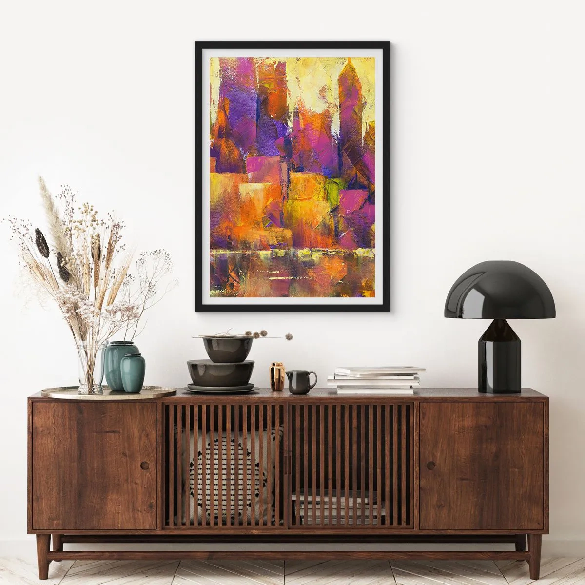 Affiche dans un cadre noir - Poster - Une composition abstraite dans des tons chauds d'orange et de violet. - 50x70cm - Composition métropolitaine - Décoration murale moderne pour le salon et la chambre ARTTOR