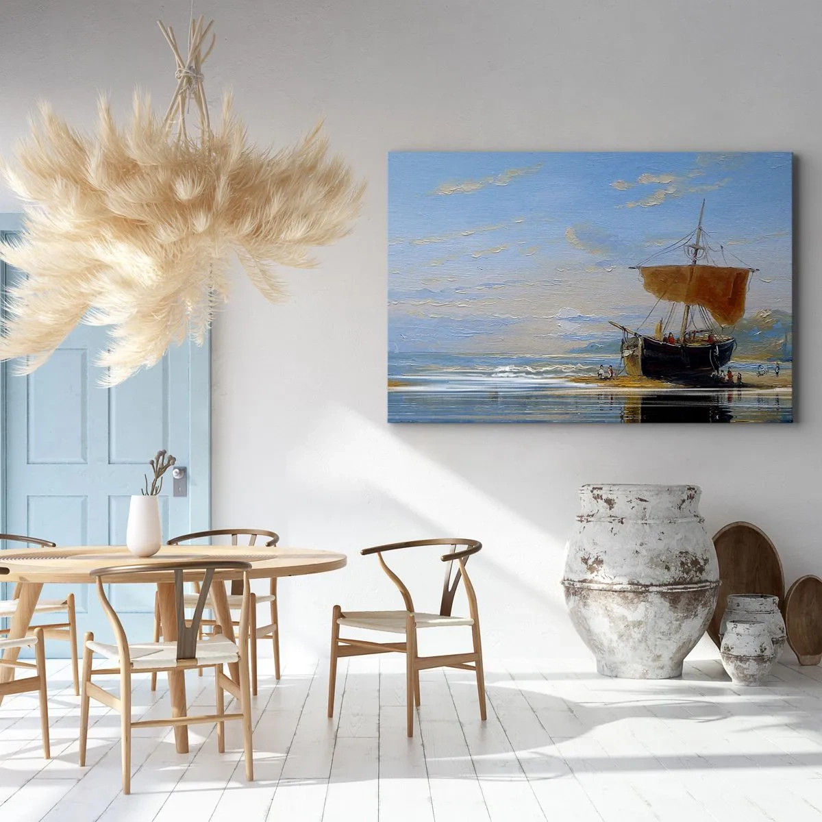 Impression sur toile - Image sur toile - Un bateau au bord de la mer par une journée ensoleillée - 100x70cm - Eau, terre, air - Décoration murale moderne pour le salon et la chambre ARTTOR