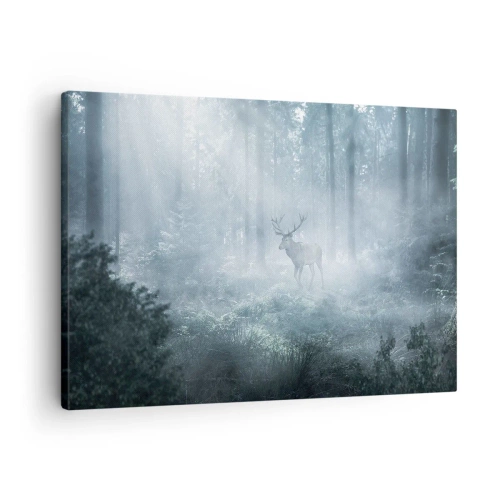 Impression sur toile - Image sur toile - Un cerf dans une forêt dense enveloppée de brume matinale - 70x50cm - Visite matinale du domaine - Décoration murale moderne pour le salon et la chambre ARTTOR