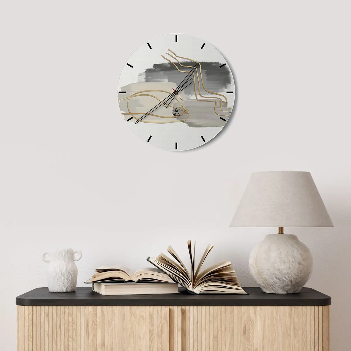 Horloge murale - Pendule murale - Composition abstraite avec des lignes grises et dorées - 30x30cm - Durée et mouvement - Décoration murale moderne pour le salon, la cuisine et la chambre ARTTOR