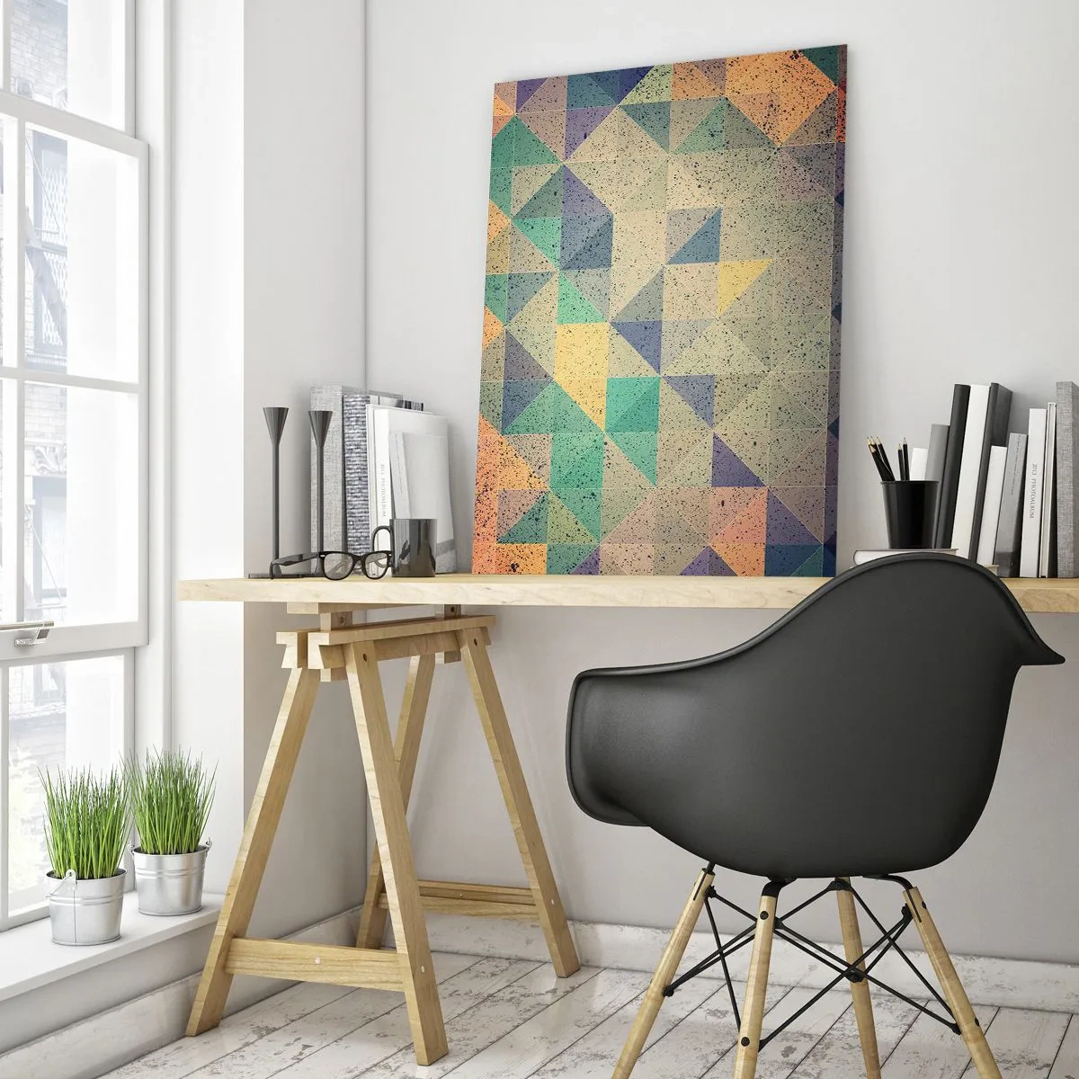 Impression sur verre - Image sur verre - Une composition colorée de triangles géométriques dans des tons pastel. - 80x120cm - République des triangles - Décoration murale moderne pour le salon et la chambre ARTTOR