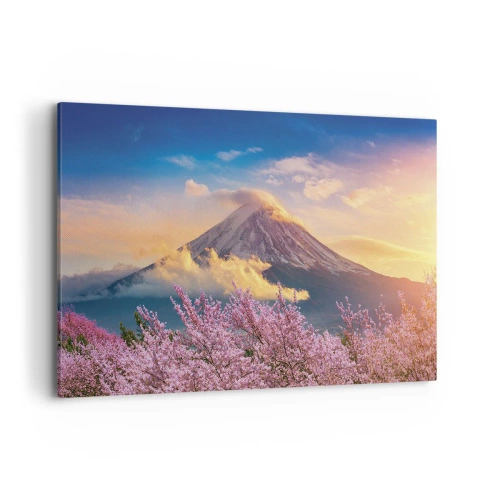 Impression sur toile - Image sur toile - Mont Fuji avec des cerisiers en fleurs en arrière-plan au coucher du soleil - 120x80cm - Sainteté japonaise - Décoration murale moderne pour le salon et la chambre ARTTOR