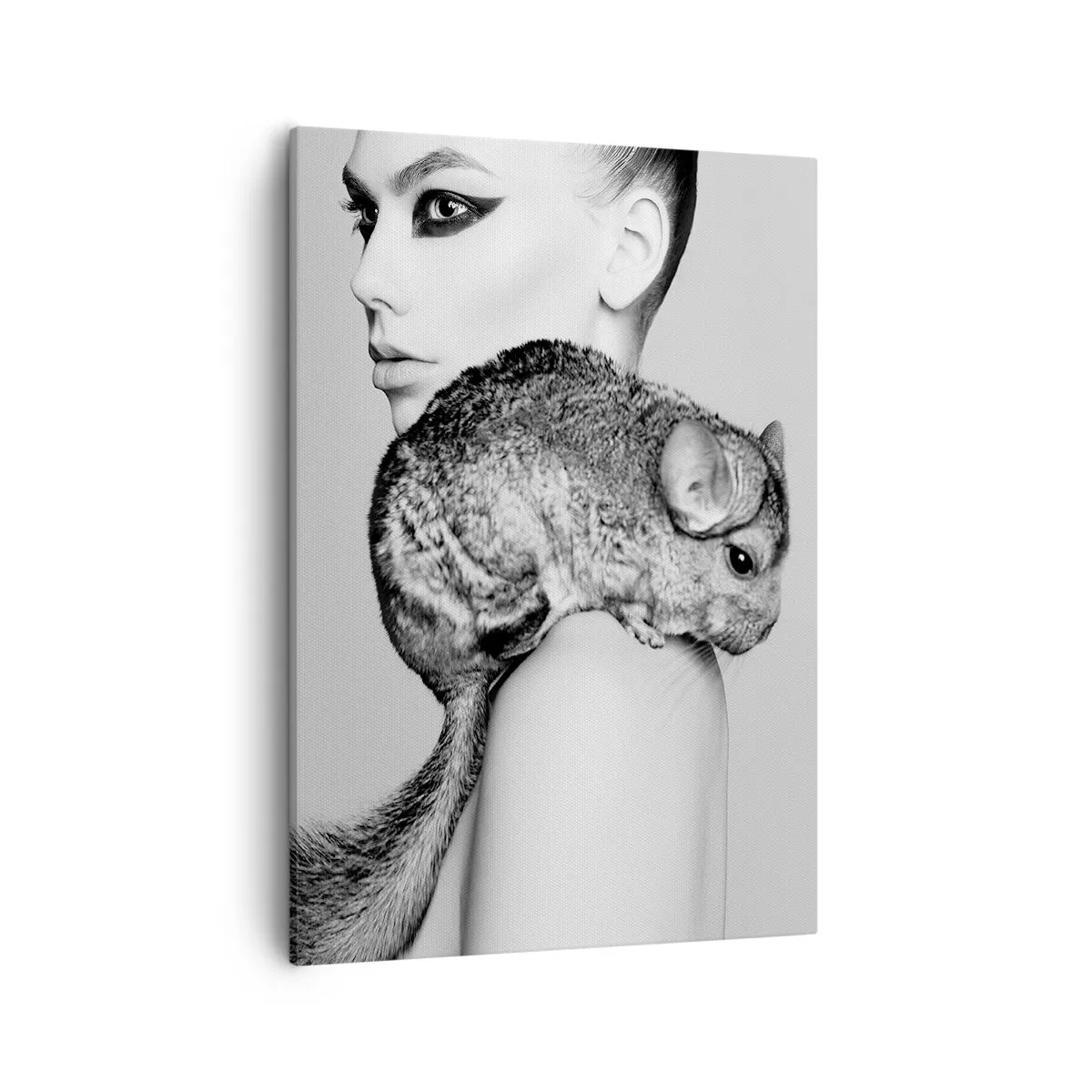 Impression sur toile - Image sur toile - Femme stylisée avec un chinchilla dans une élégante composition en noir et blanc - 50x70cm - Dame au chinchilla - Décoration murale moderne pour le salon et la chambre ARTTOR