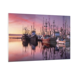 Impression sur verre - Image sur verre - Bateaux de pêche au coucher du soleil dans un port tranquille - 120x80cm - Avant le jour suivant - Décoration murale moderne pour le salon et la chambre ARTTOR