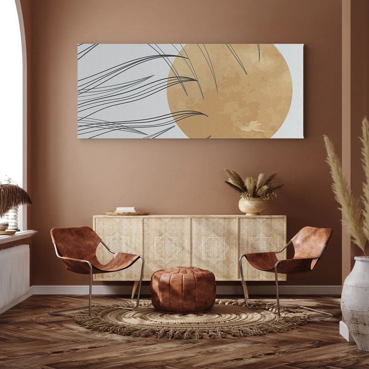 Impression sur toile - Image sur toile - Brins d'herbe abstraits sur fond de grand soleil orange - 160x50cm - Toujours vers le soleil - Décoration murale moderne pour le salon et la chambre ARTTOR