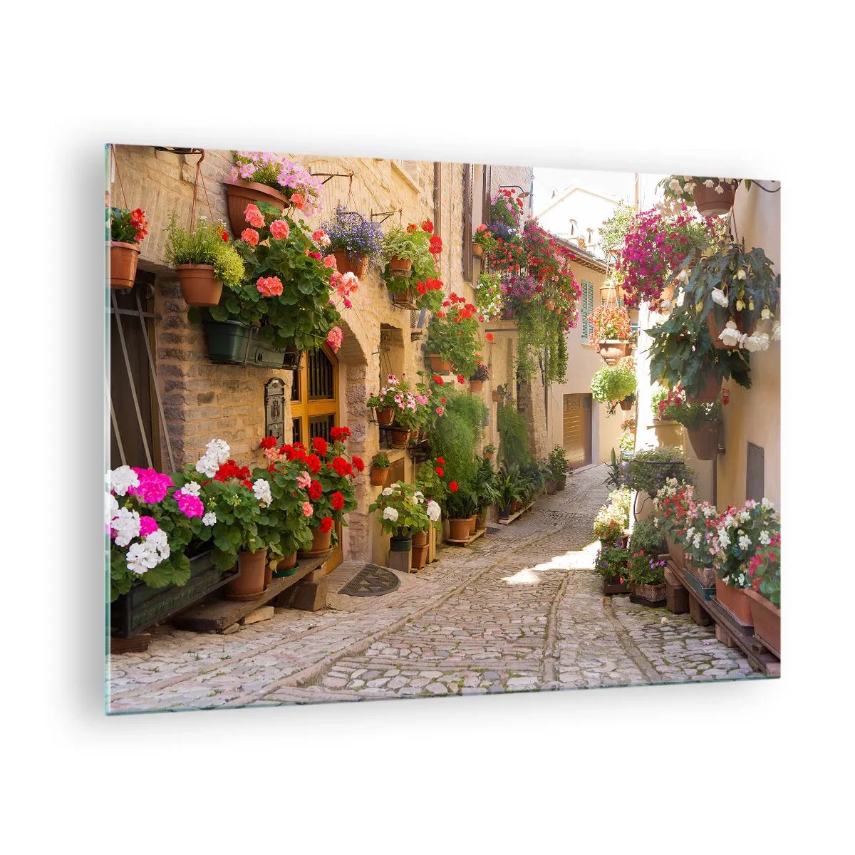 Impression sur verre - Image sur verre - Une rue pittoresque avec des fleurs en pot - 70x50cm - Une inondation de fleurs - Décoration murale moderne pour le salon et la chambre ARTTOR