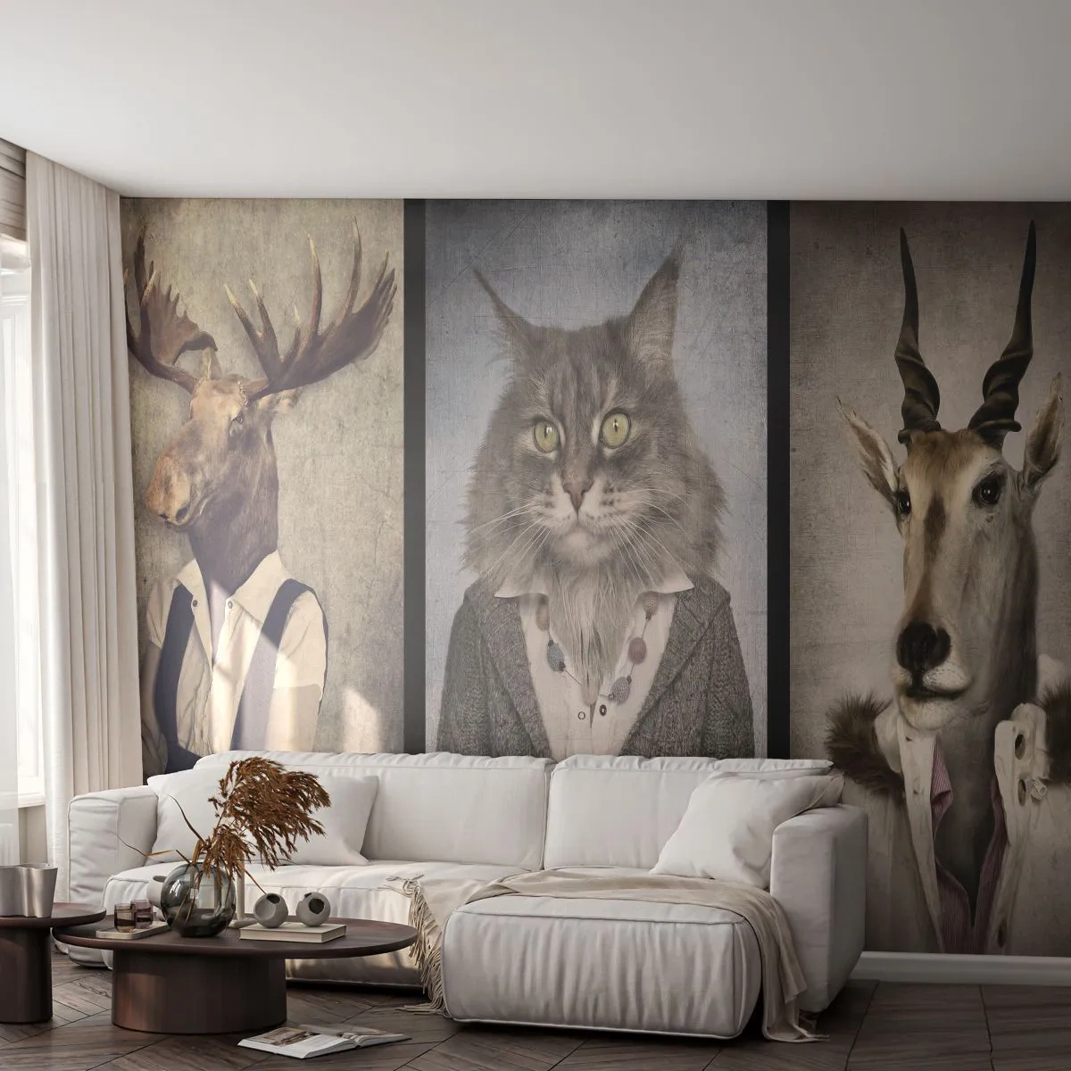 Papier Peint Photo Premium Canvas - Un triptyque avec des figures animales en vêtements élégants sur un fond stylisé - 100x70cm - La fourrure revient à la mode - Décoration murale moderne pour le salon et la chambre ARTTOR