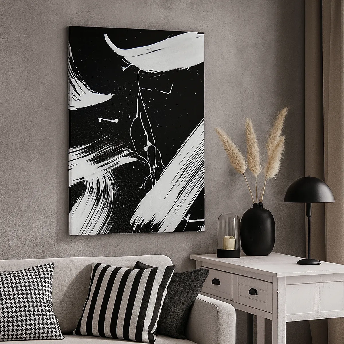 Impression sur toile - Image sur toile - Traits blancs abstraits sur fond noir - 50x70cm - Briser les ténèbres - Décoration murale moderne pour le salon et la chambre ARTTOR