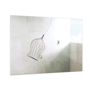 Impression sur verre - Image sur verre - Une cage ouverte et un colibri s'envolant à la lumière du jour - 100x70cm - Dans son élément - Décoration murale moderne pour le salon et la chambre ARTTOR