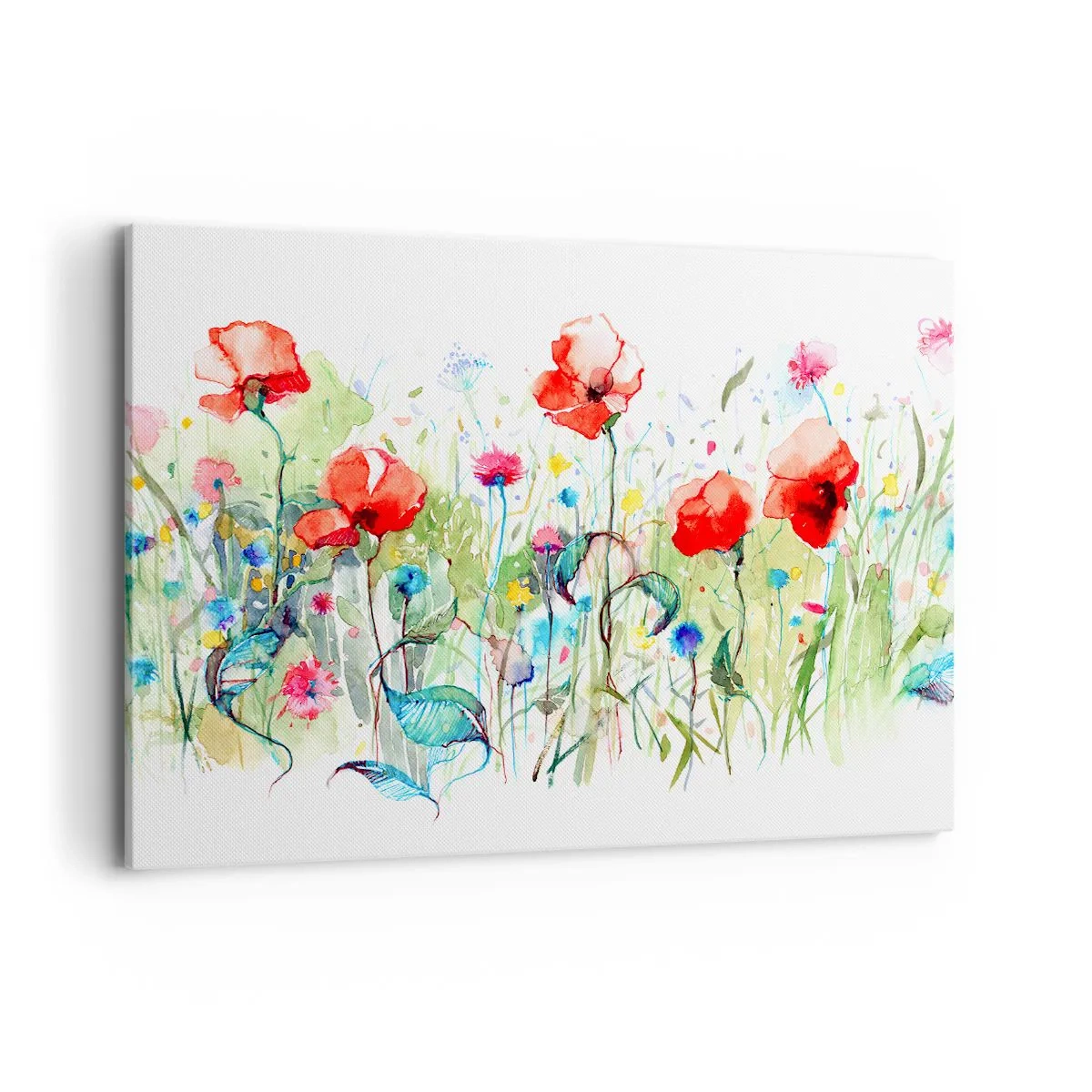 Impression sur toile - Image sur toile - Une prairie avec des coquelicots rouges et des fleurs colorées à l'aquarelle - 120x80cm - Prairie de fleurs en mai - Décoration murale moderne pour le salon et la chambre ARTTOR