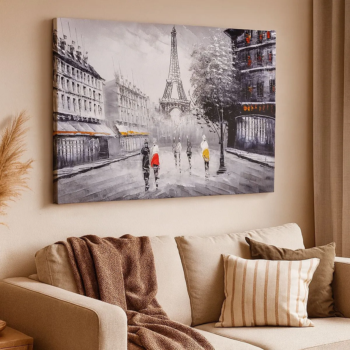 Impression sur toile - Image sur toile - Une vue de la Tour Eiffel dans un décor monochrome avec des touches de couleur - 70x50cm - Balade parisienne - Décoration murale moderne pour le salon et la chambre ARTTOR