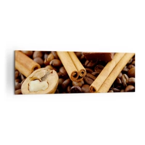 Impression sur toile - Image sur toile - Grains de café avec bâtons de cannelle, chocolat et noix. - 160x50cm - Concert d'aromates - Décoration murale moderne pour le salon et la chambre ARTTOR