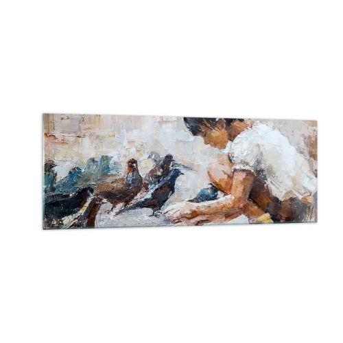 Impression sur verre - Image sur verre - Une fille nourrissant des oiseaux dans un style pictural - 140x50cm - Les plus petits et les plus gentils - Décoration murale moderne pour le salon et la chambre ARTTOR