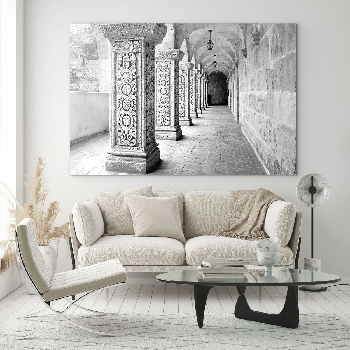 Impression sur verre - Image sur verre - Cloître historique avec colonnes sculptées - 120x80cm - Où cela mène-t-il…? - Décoration murale moderne pour le salon et la chambre ARTTOR