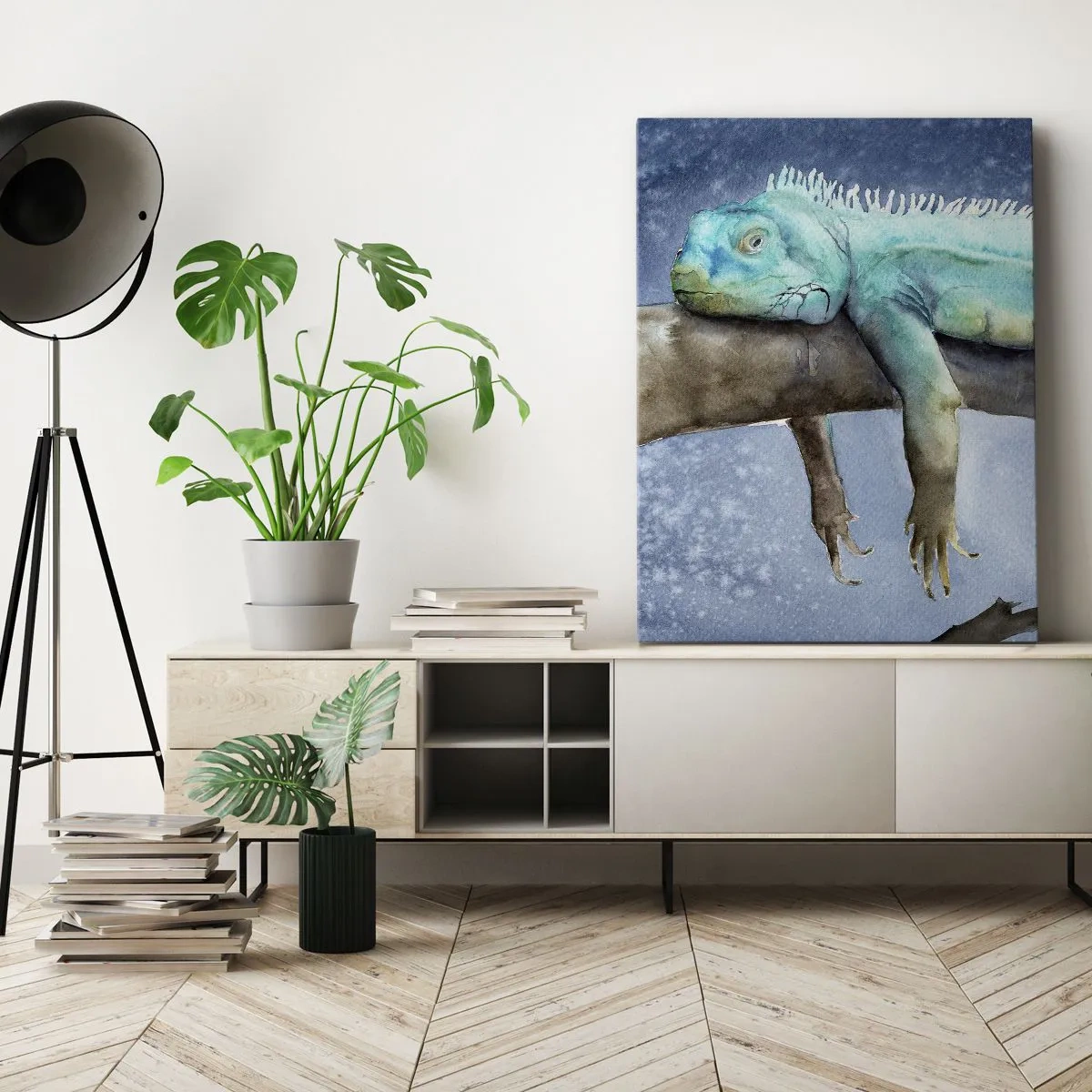 Impression sur toile - Image sur toile - Iguane bleu reposant sur une branche - 80x120cm - Tout va bien! - Décoration murale moderne pour le salon et la chambre ARTTOR