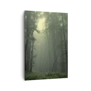 Impression sur toile - Image sur toile - Une forêt verte le matin enveloppée d'un brouillard délicat - 70x100cm - Avant qu'il ne se réveille - Décoration murale moderne pour le salon et la chambre ARTTOR