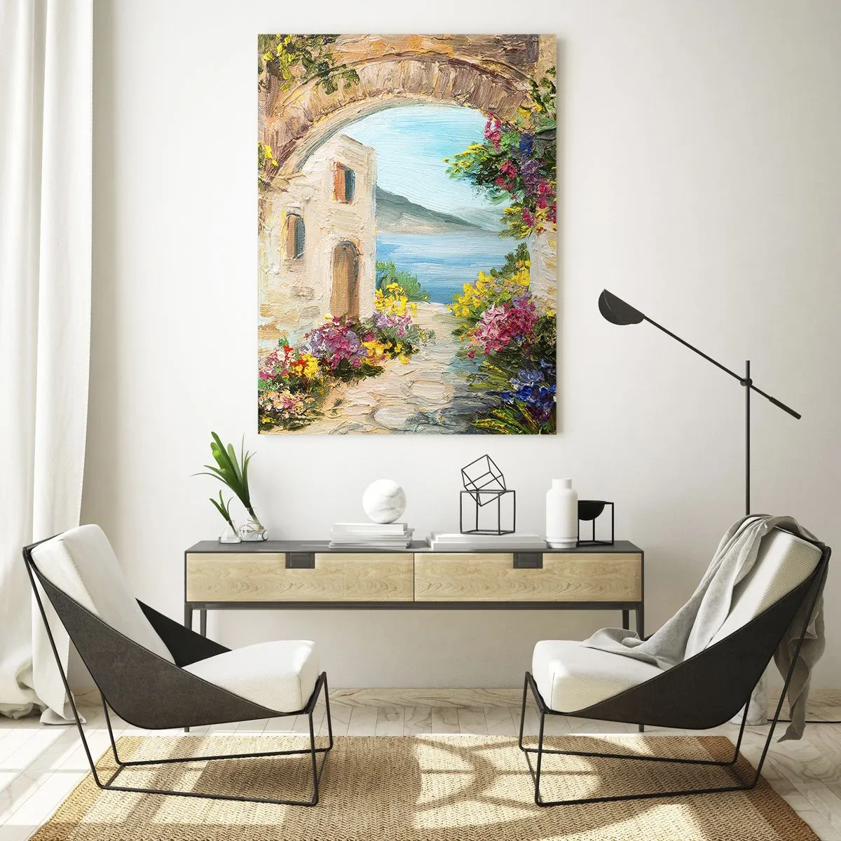 Impression sur verre - Image sur verre - Paysage de bord de mer avec des bâtiments en pierre et des fleurs - 70x100cm - Le charme d'une province côtière - Décoration murale moderne pour le salon et la chambre ARTTOR