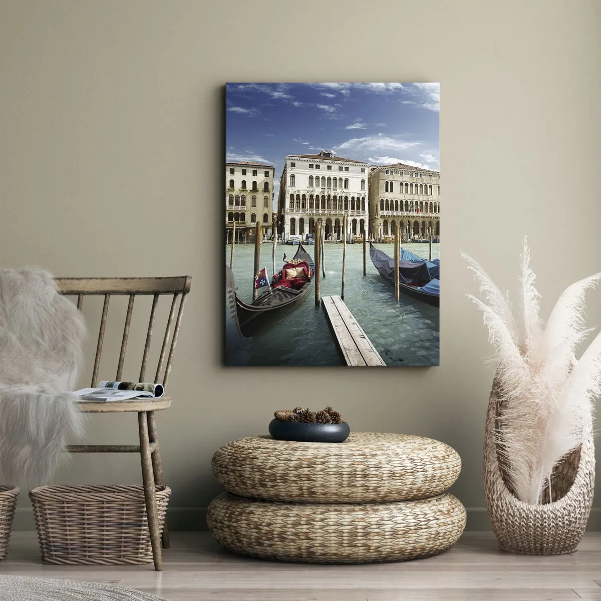 Impression sur toile - Image sur toile - Venise avec des gondoles et des palais contre le ciel - 80x120cm - Palace bleu ciel - Décoration murale moderne pour le salon et la chambre ARTTOR